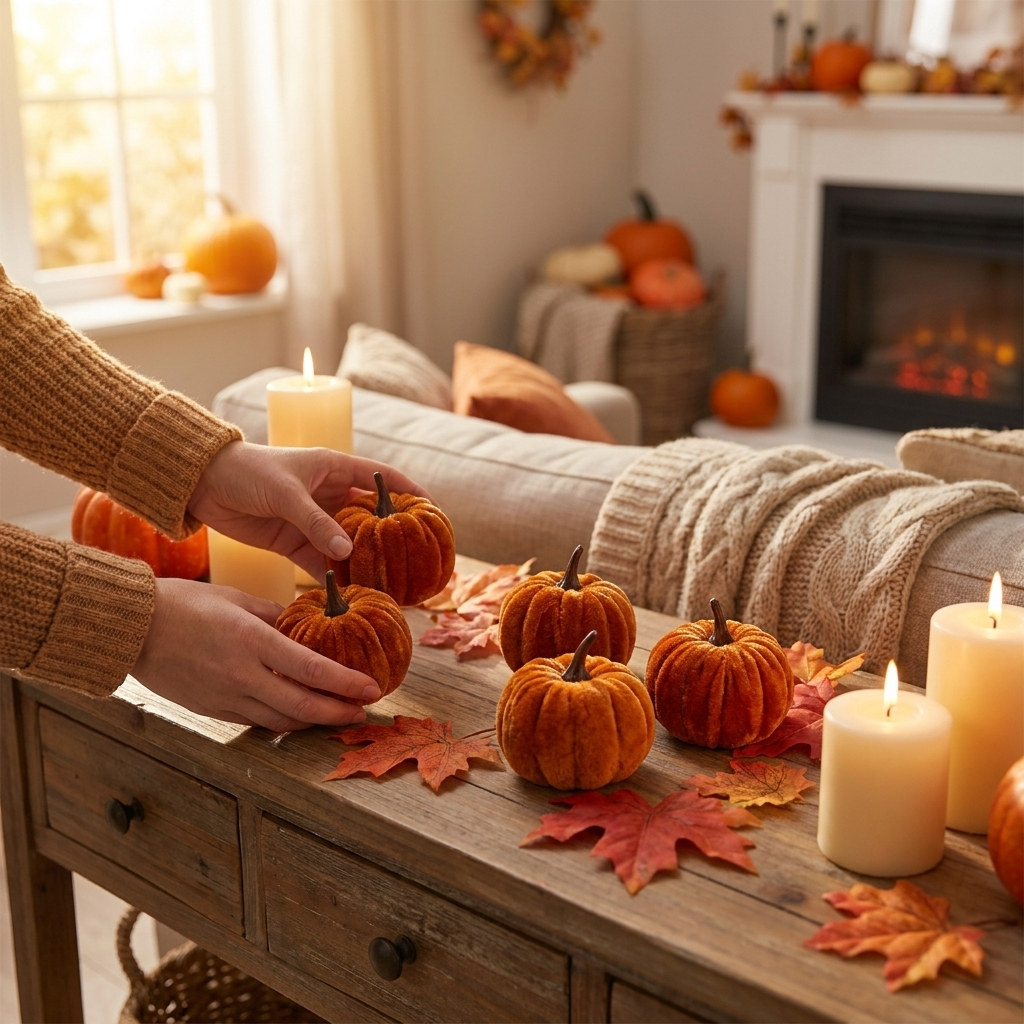 Deep orange velvet pumpkins 5 pack lifestyle