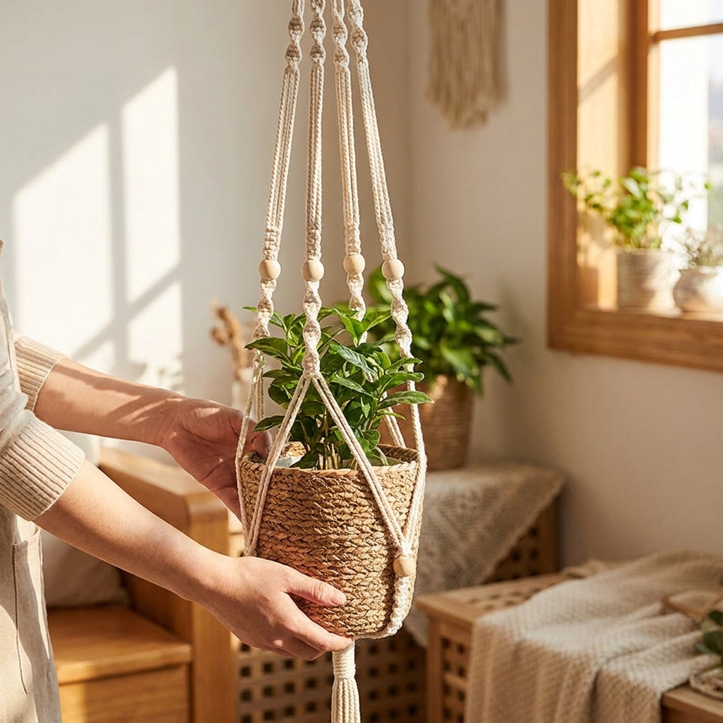 Macrame plant hanger style 6 in use