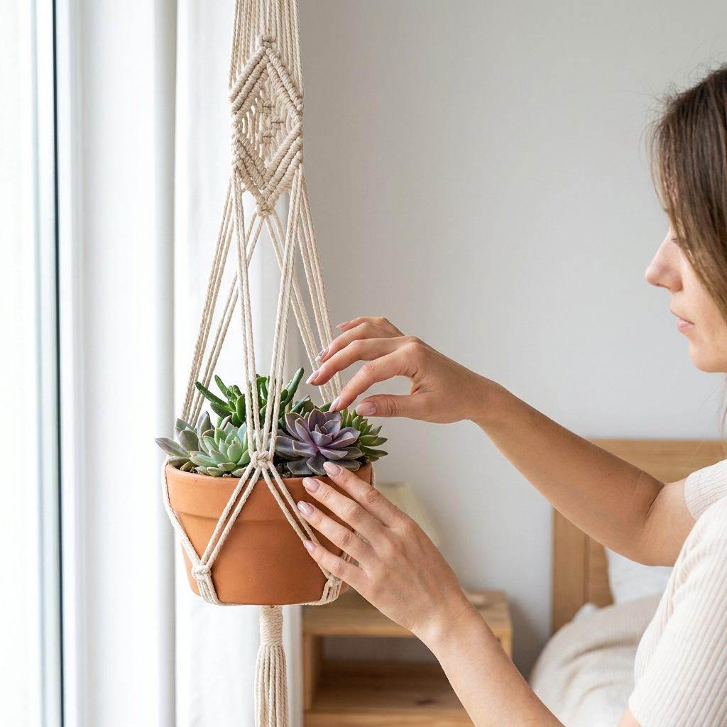 Macrame plant hanger style 5 in use