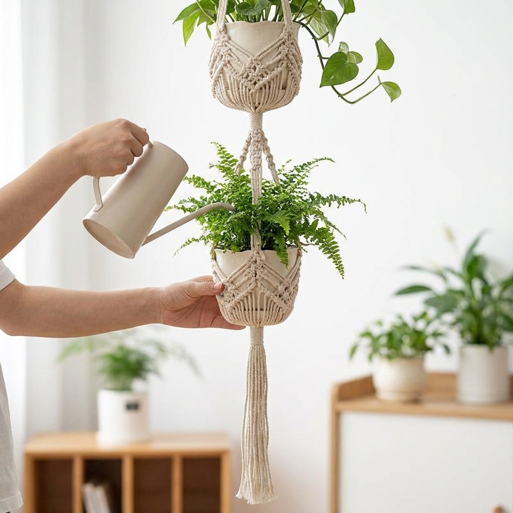 Macrame plant hanger style 3 in use