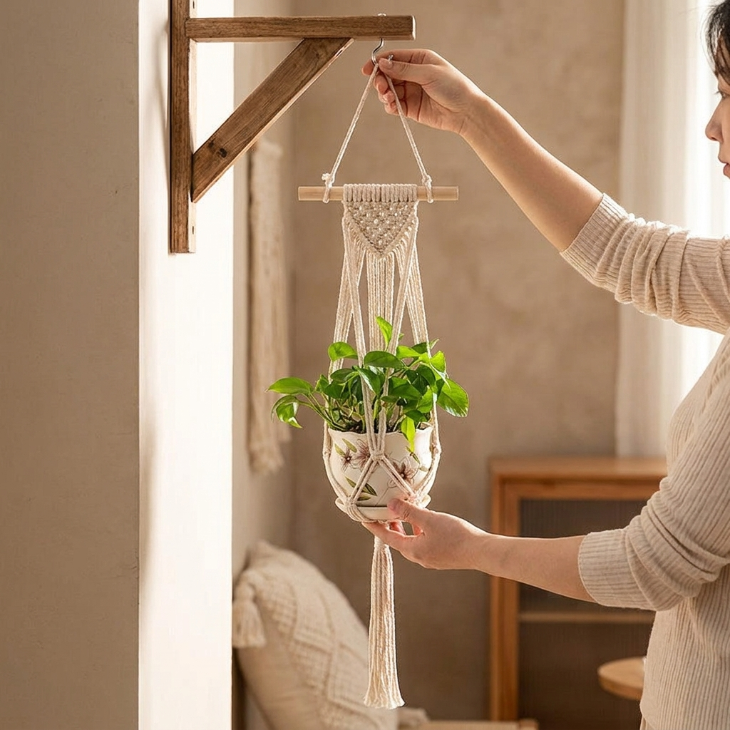 Macrame plant hanger style 7 in use