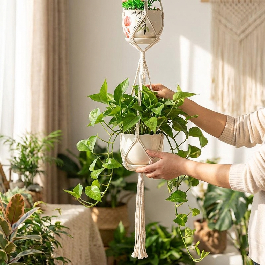 Macrame plant hanger style 8 in use