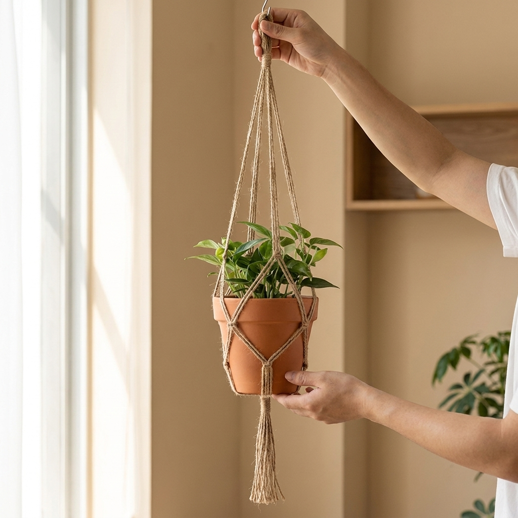 Macrame plant hanger style C in use