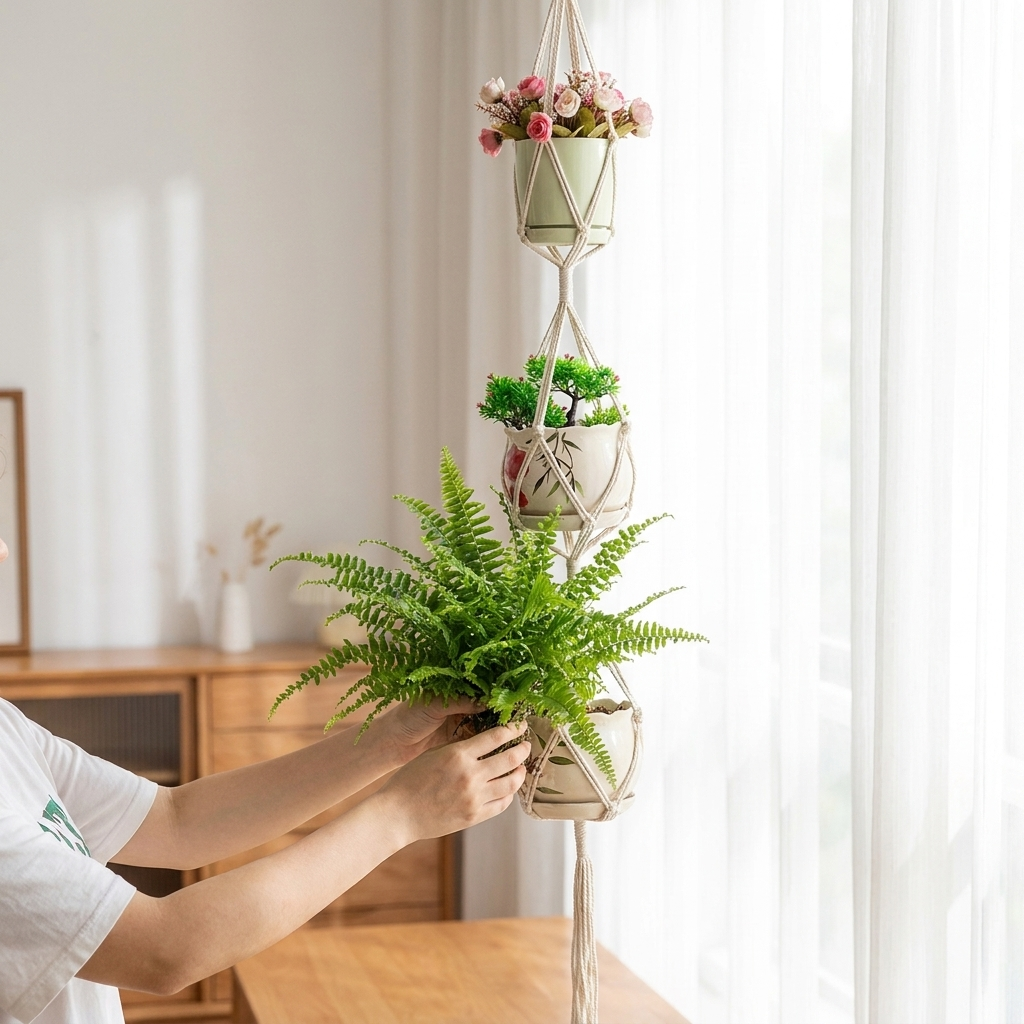 Macrame plant hanger style 9 in use