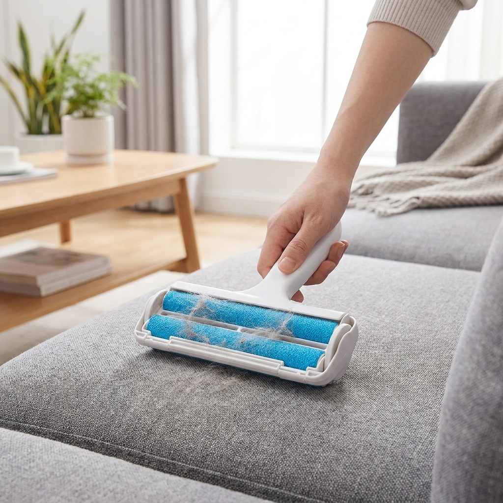 Pet hair remover roller in use