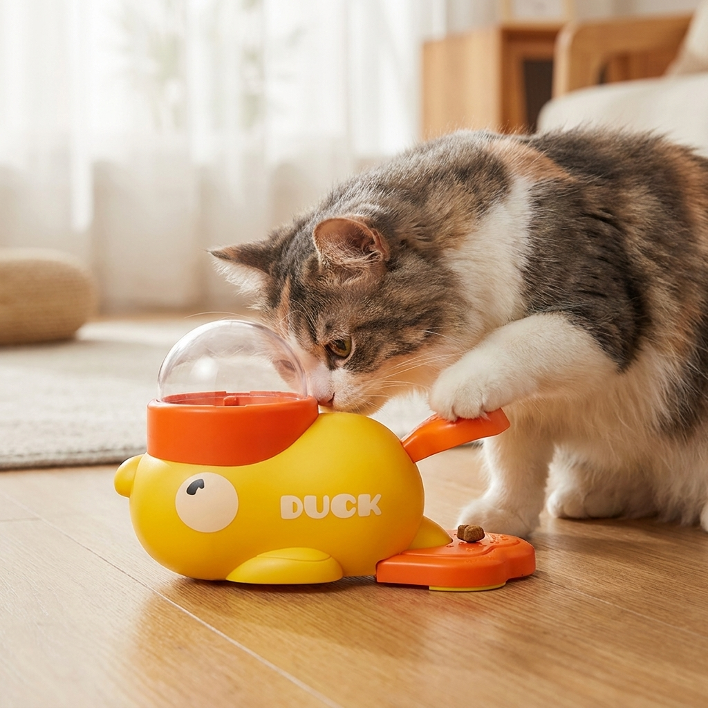 Cat with duck treat dispenser