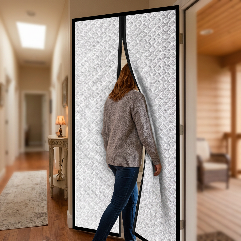 Magnetic door curtain in use