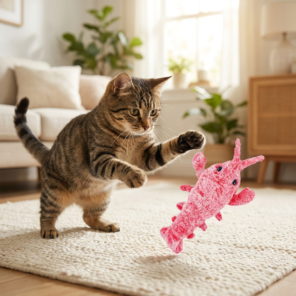 Cat playing with jumping shrimp toy