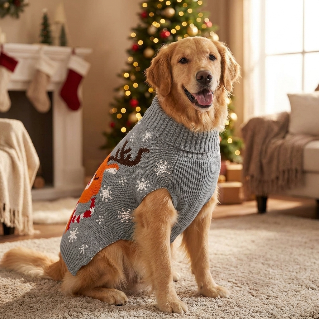 Dog in gray Christmas pet sweater
