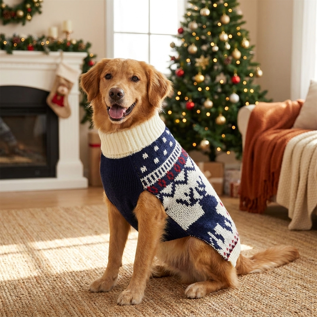 Dog in blue Christmas pet sweater