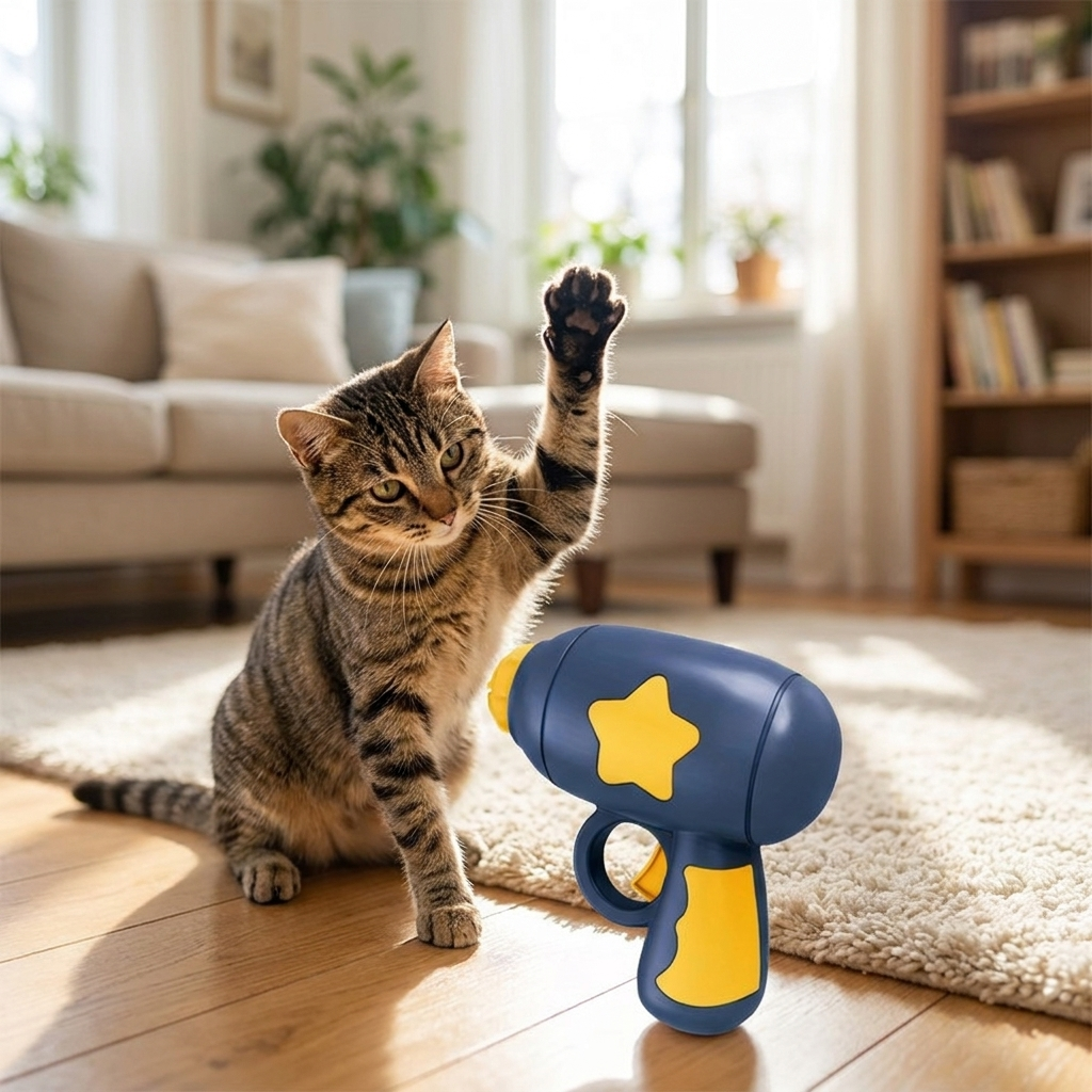 Cat with dark blue cat toy