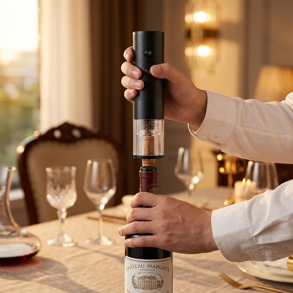 Electric wine opener in use