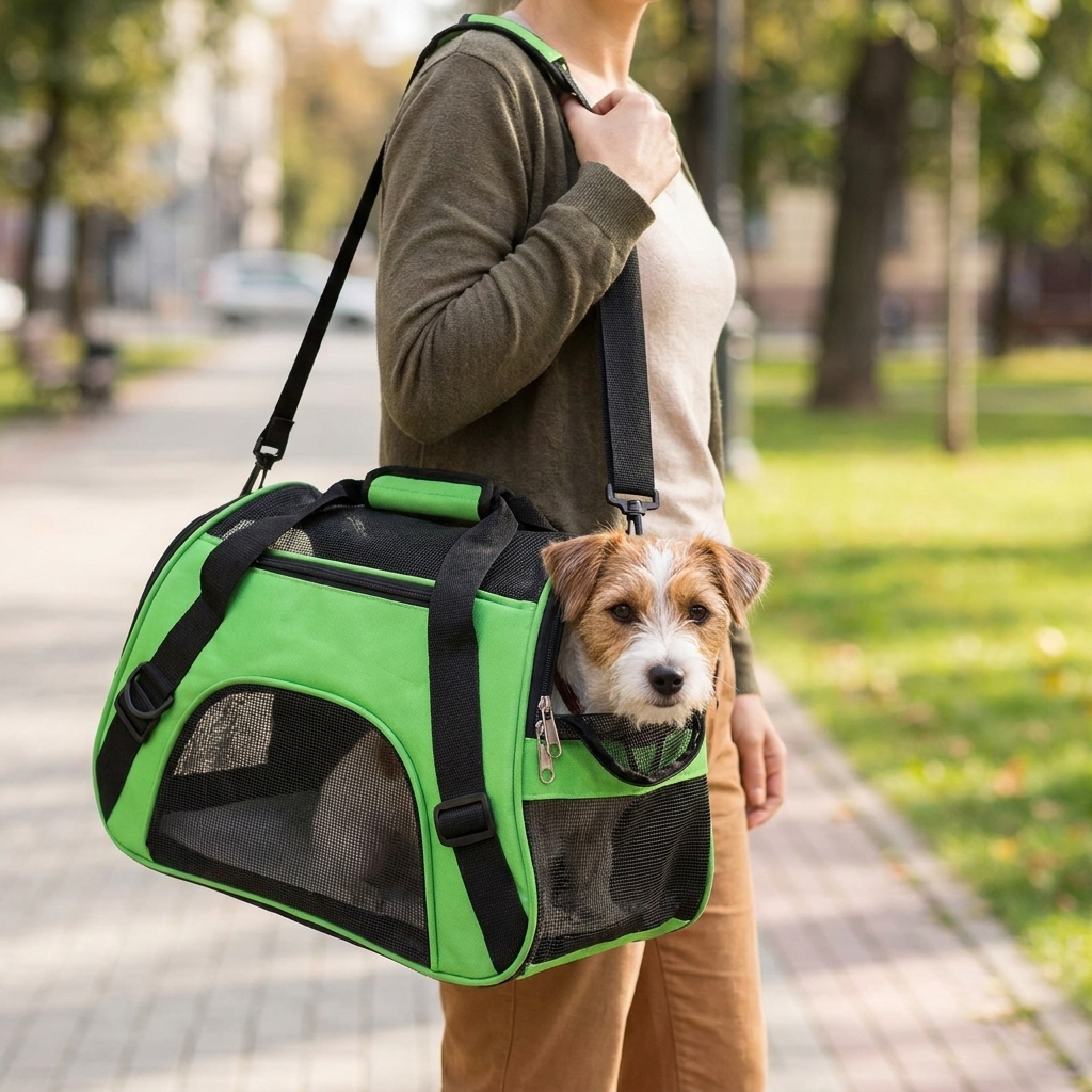 Green portable pet carrier bag in use