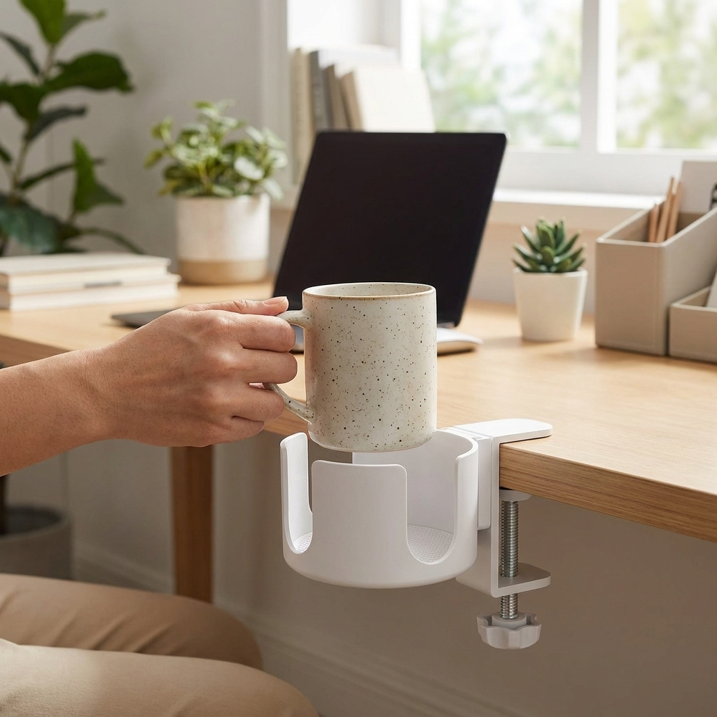 White desk cup holder in use