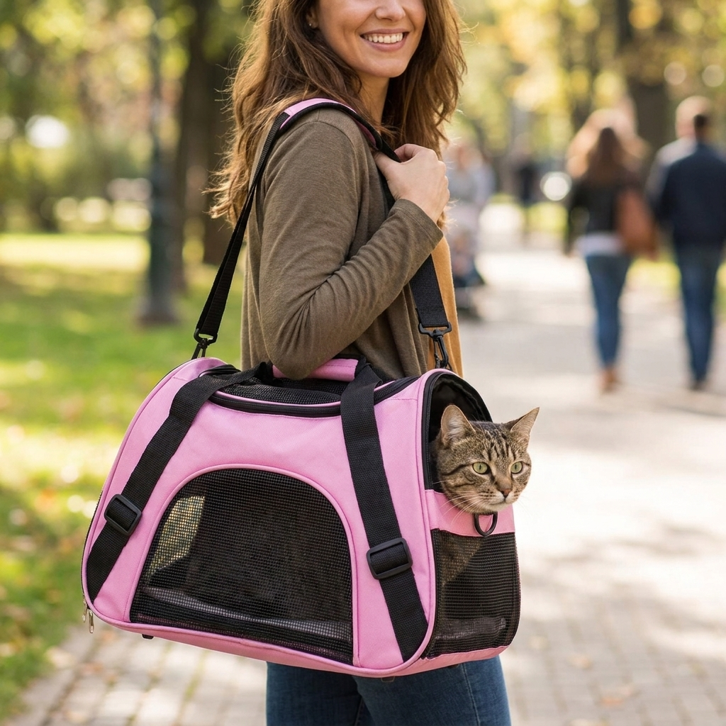 Pink portable pet carrier bag in use