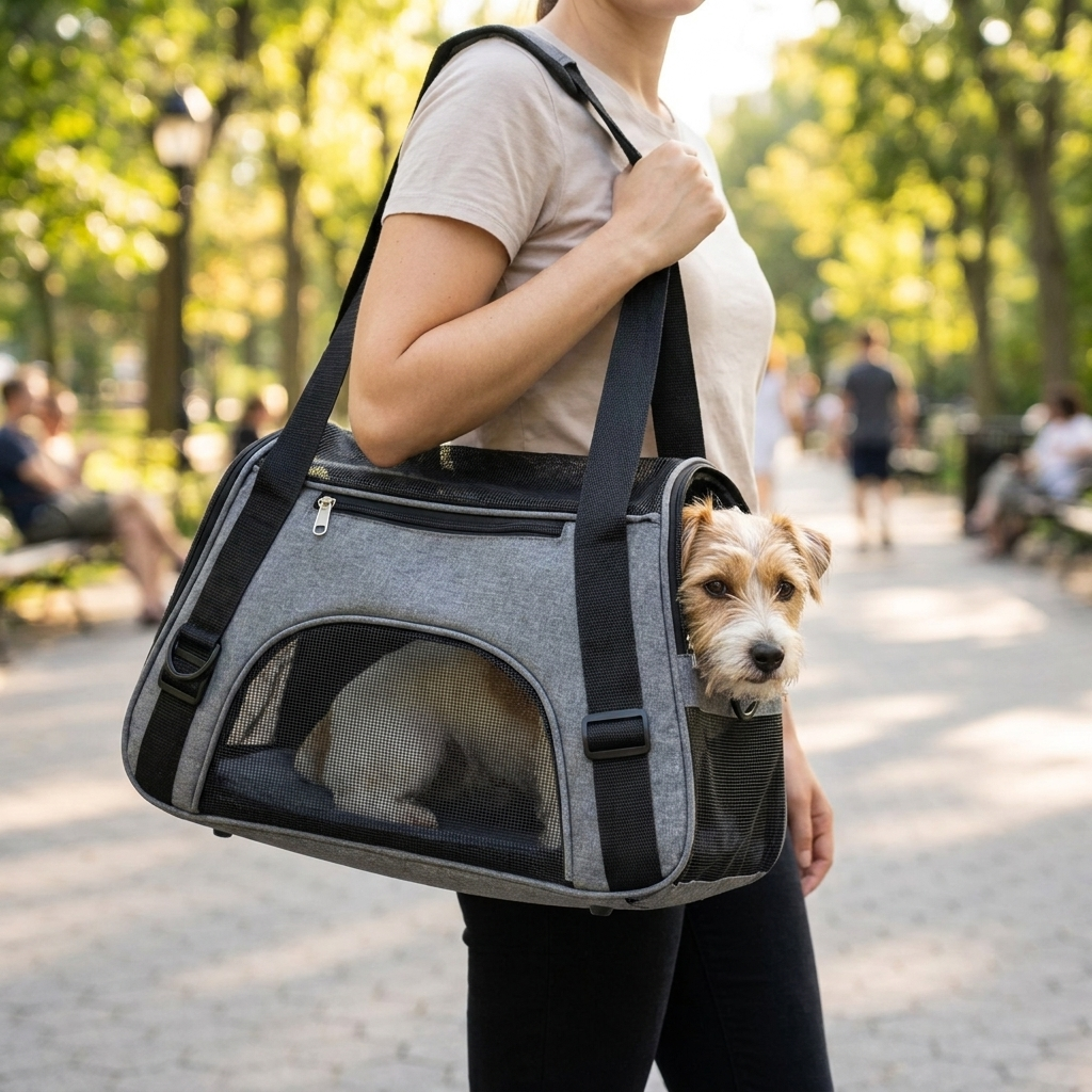 Gray portable pet carrier bag in use