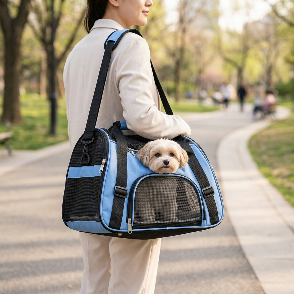Blue portable pet carrier bag in use