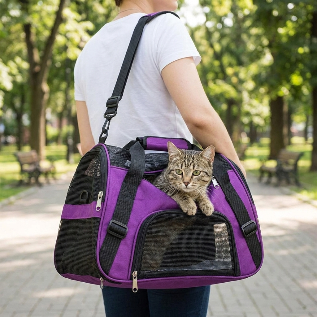 Purple portable pet carrier bag in use
