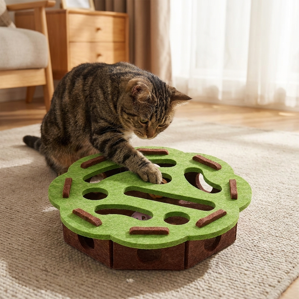 Cat with green round puzzle toy