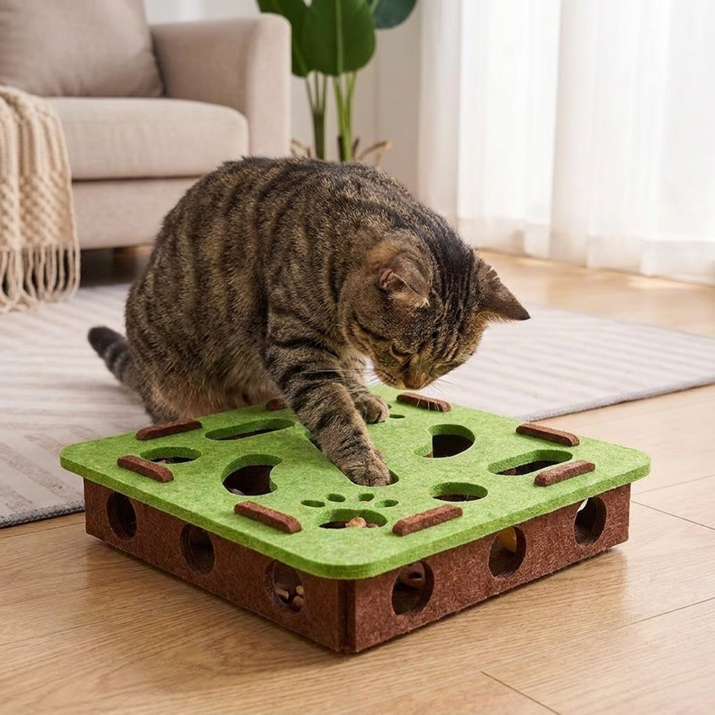 Cat with green square puzzle toy