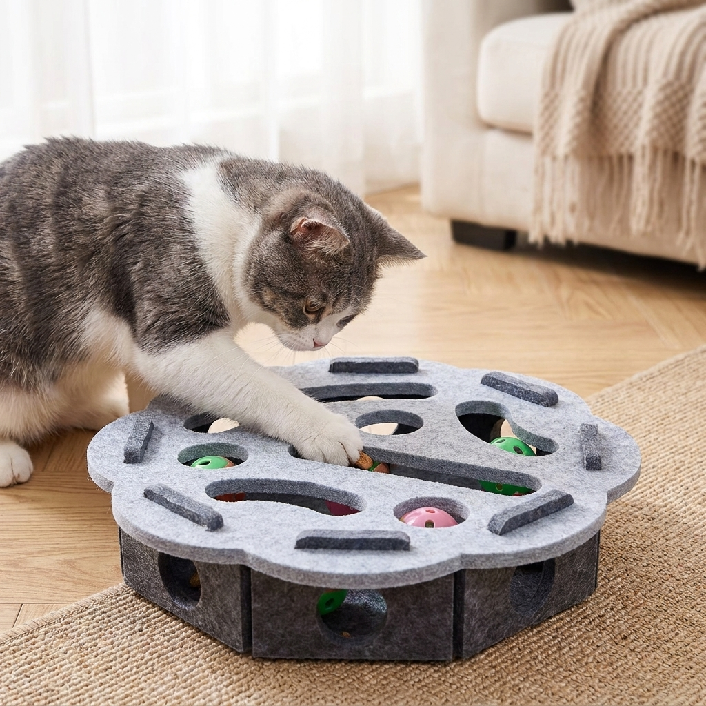 Cat with grey round puzzle toy
