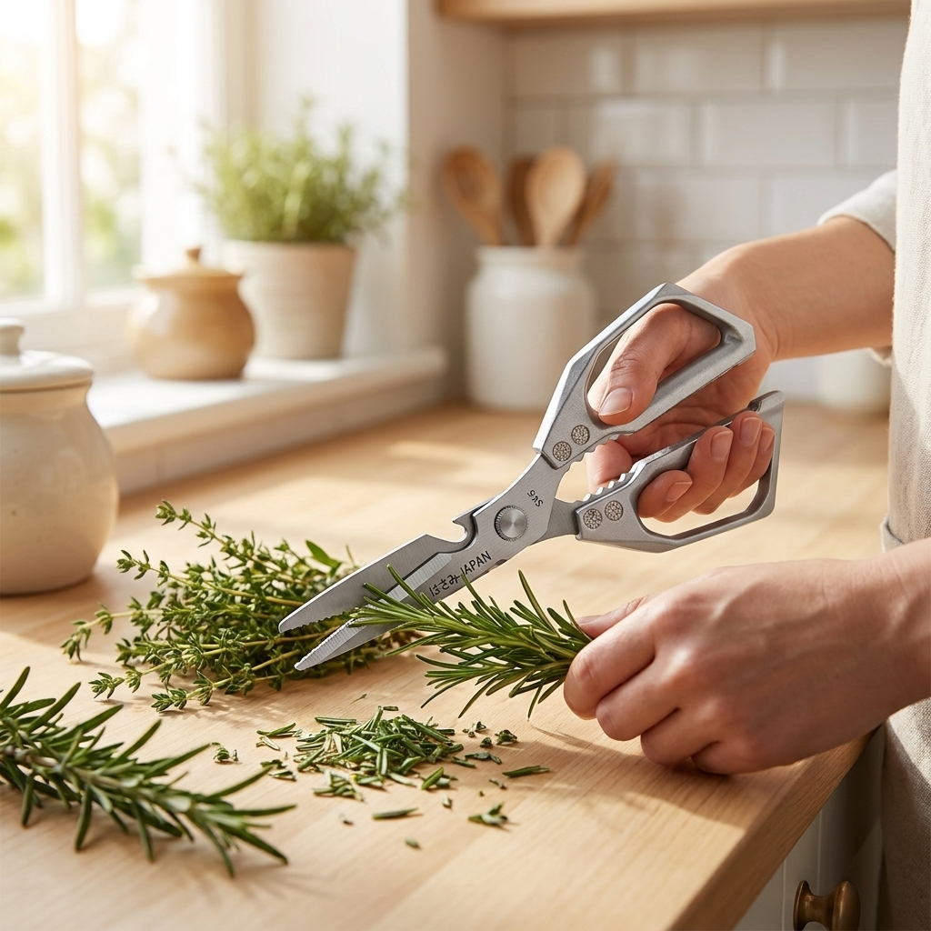 Grey household scissors in use