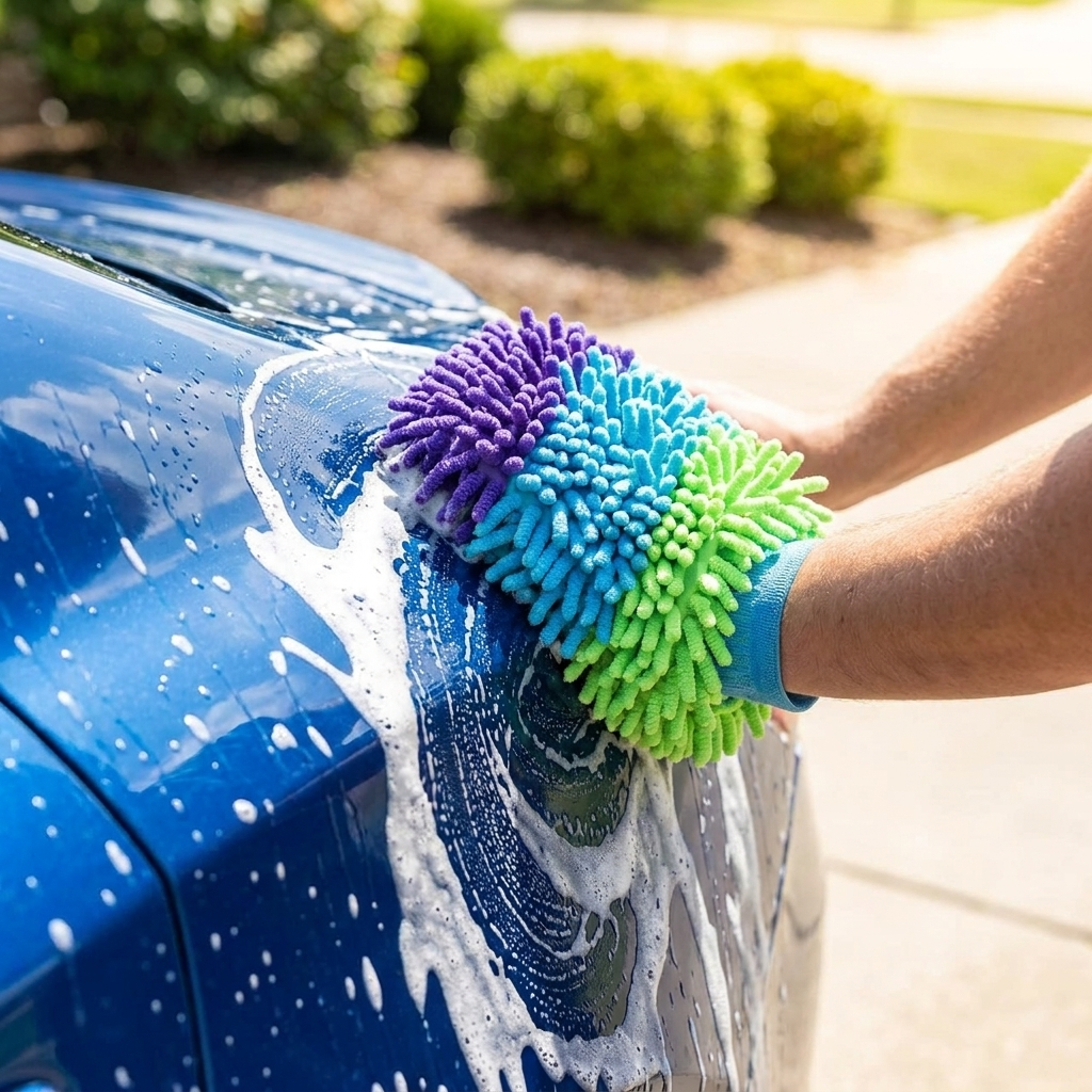 Chenille car wash mitt in use