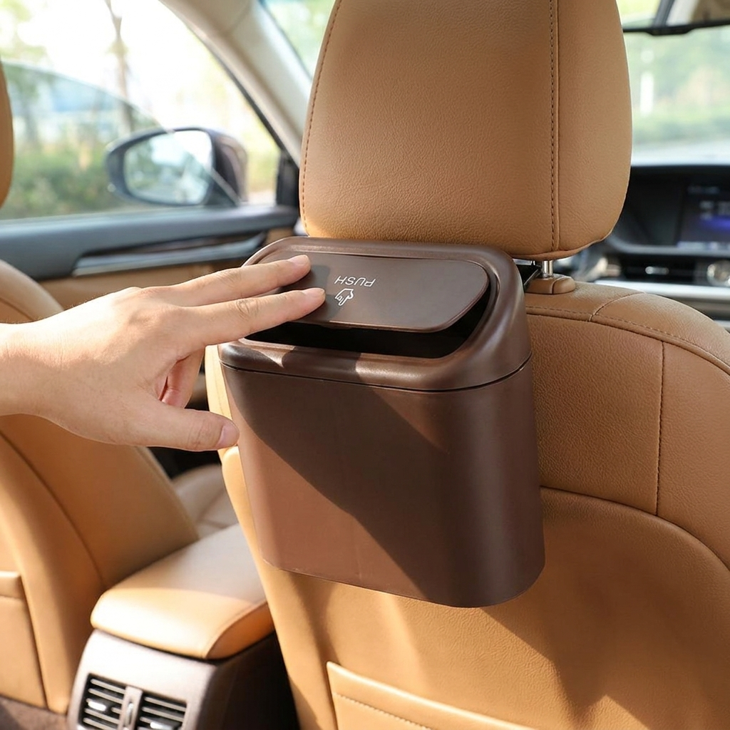 Car trash can in use