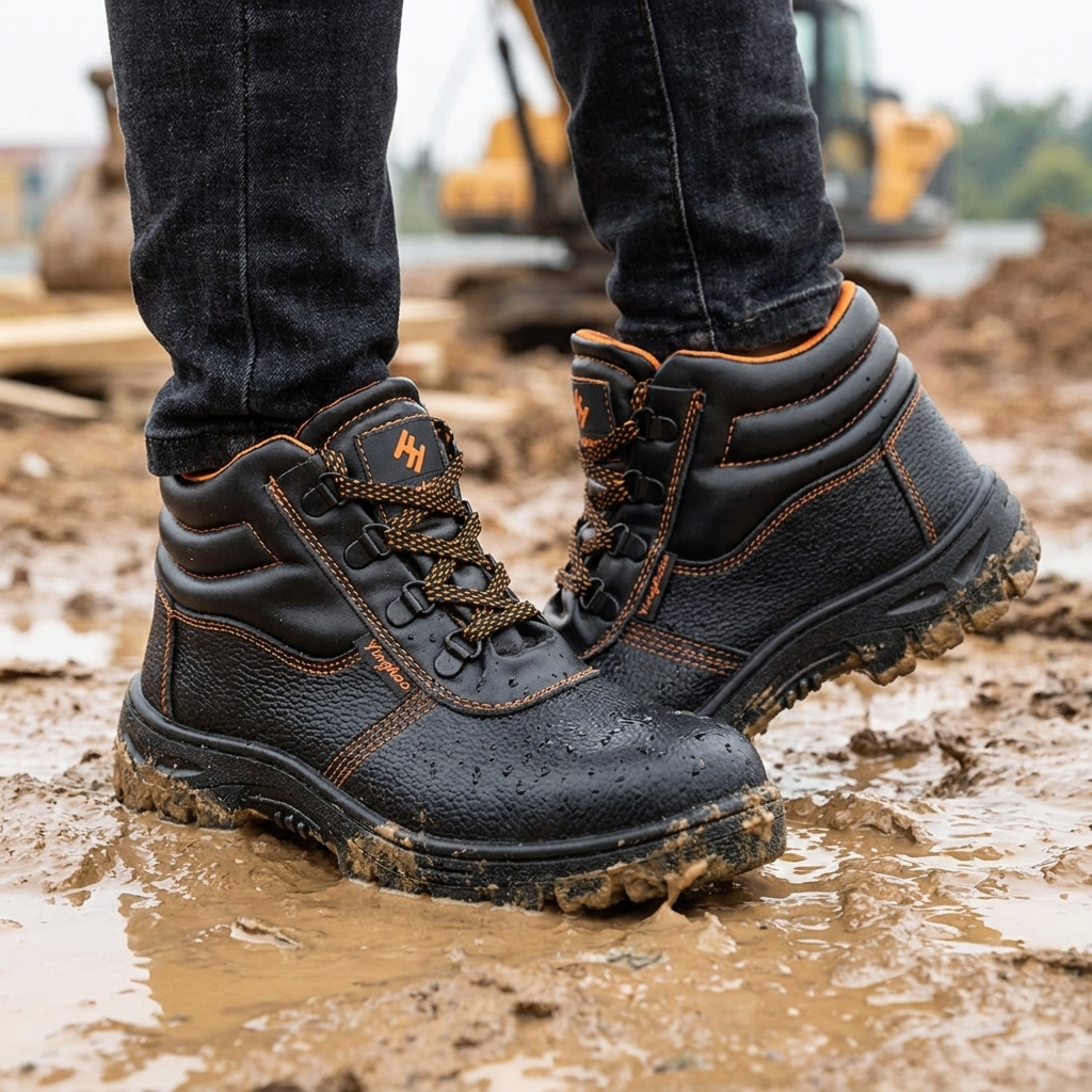 Black waterproof work boots worn on site