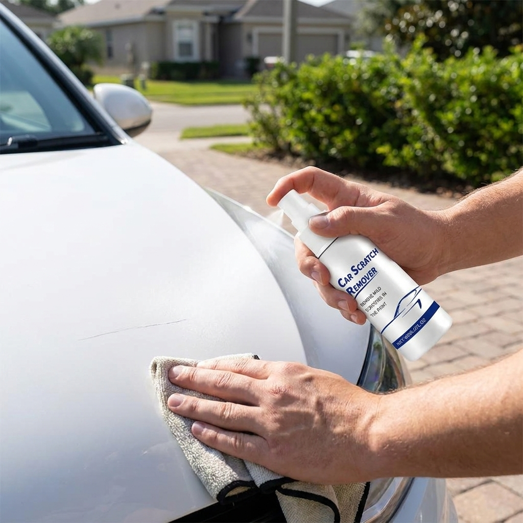 Car scratch remover spray in use