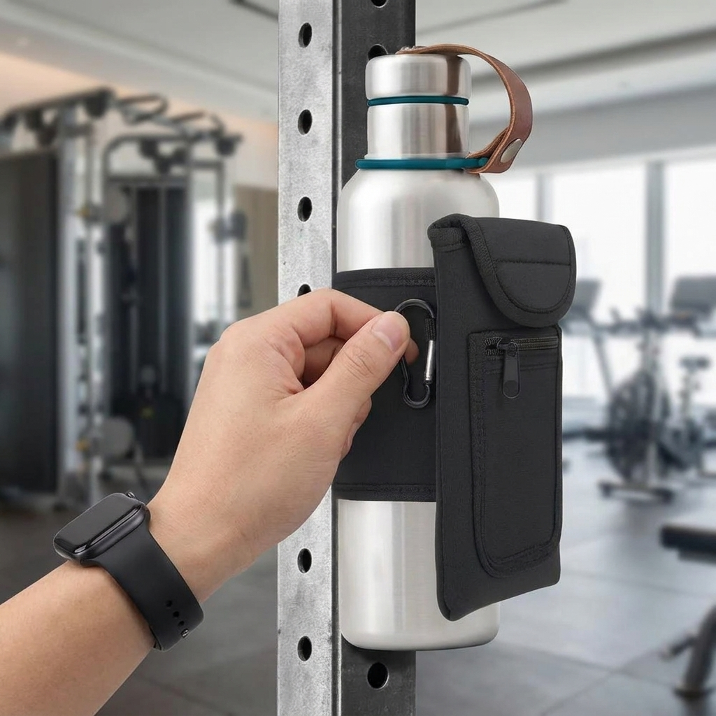 Magnetic water bottle holder on gym rack