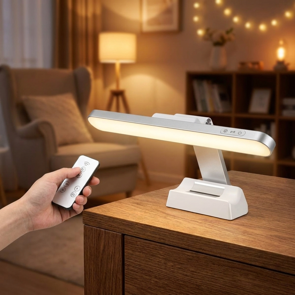 LED table lamp with remote in use