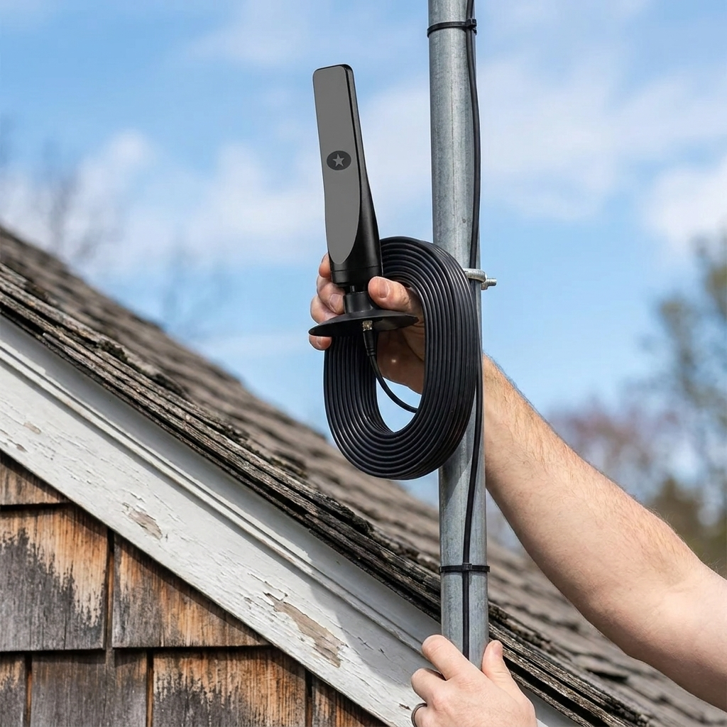 Outdoor digital TV antenna being mounted