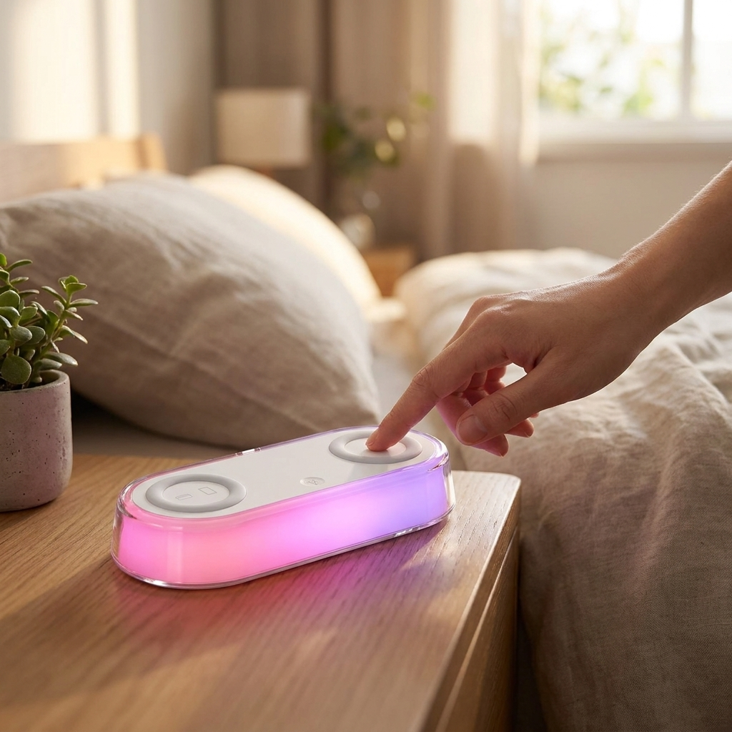 Purple alarm clock charger in use