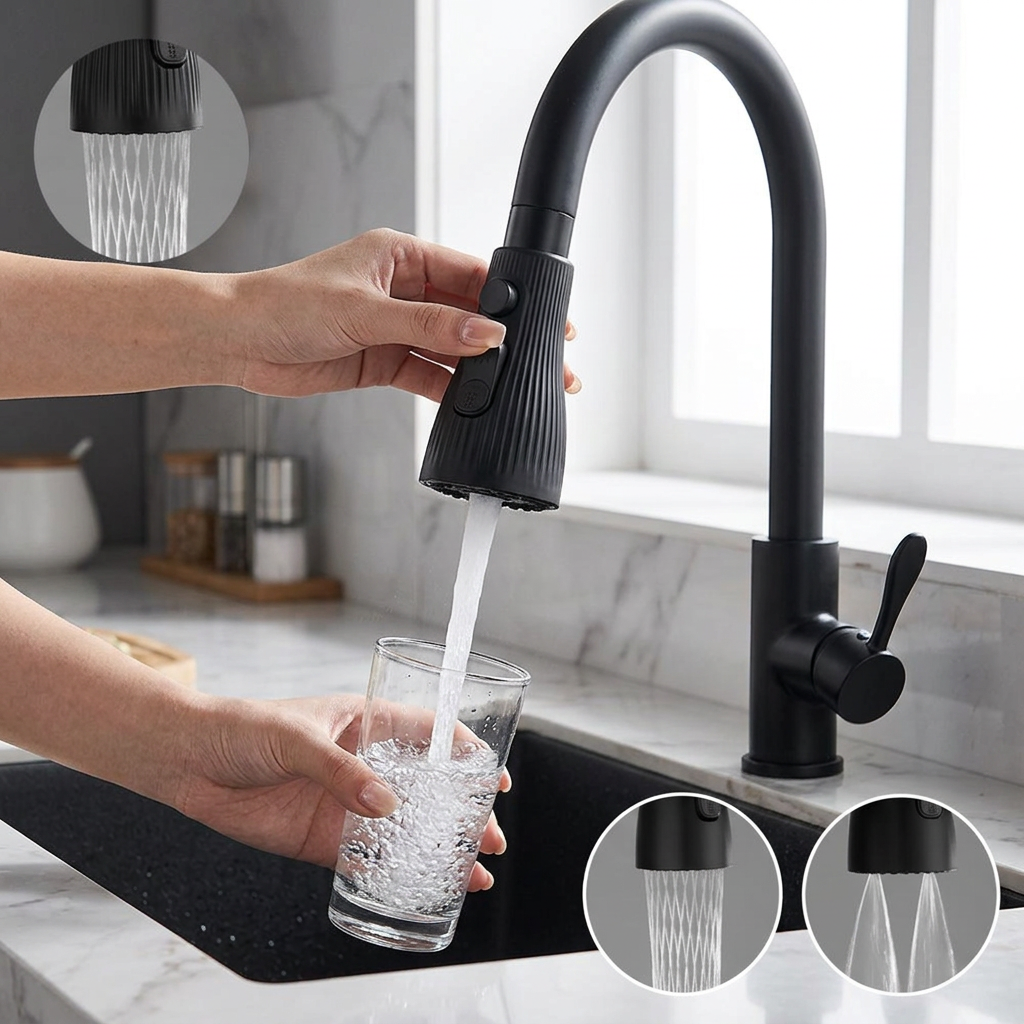 Black kitchen faucet in use
