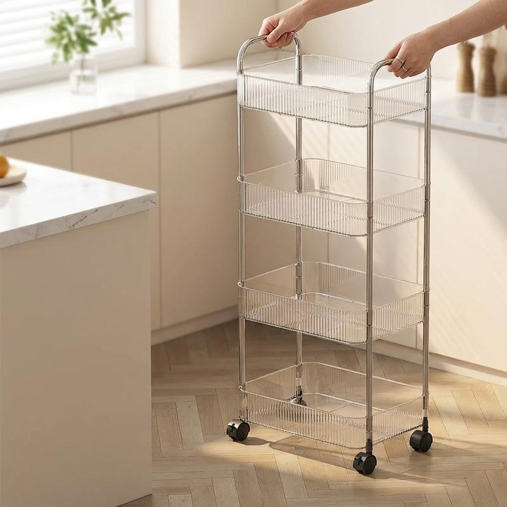 4 tier mobile shelf in use