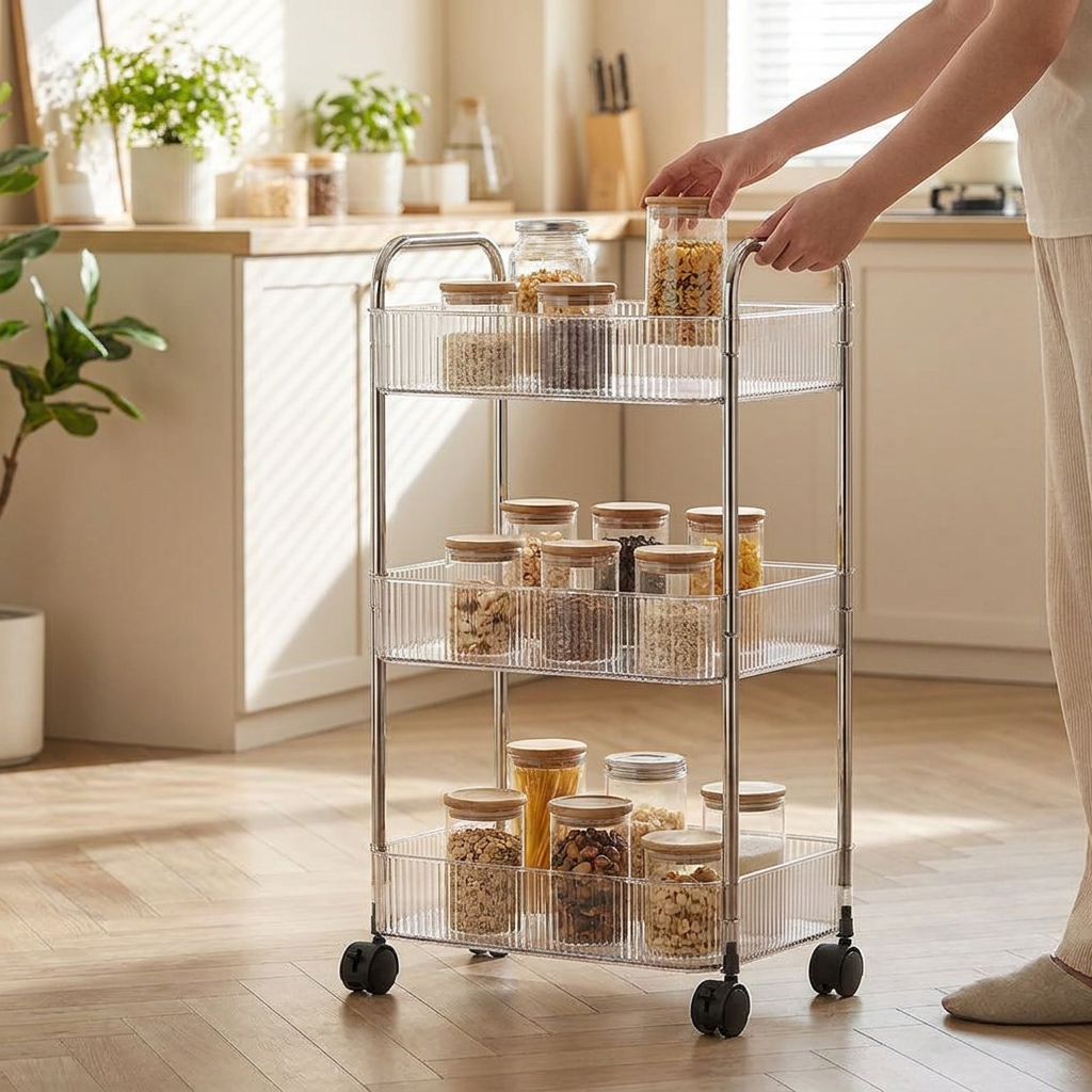 3 tier mobile shelf in use