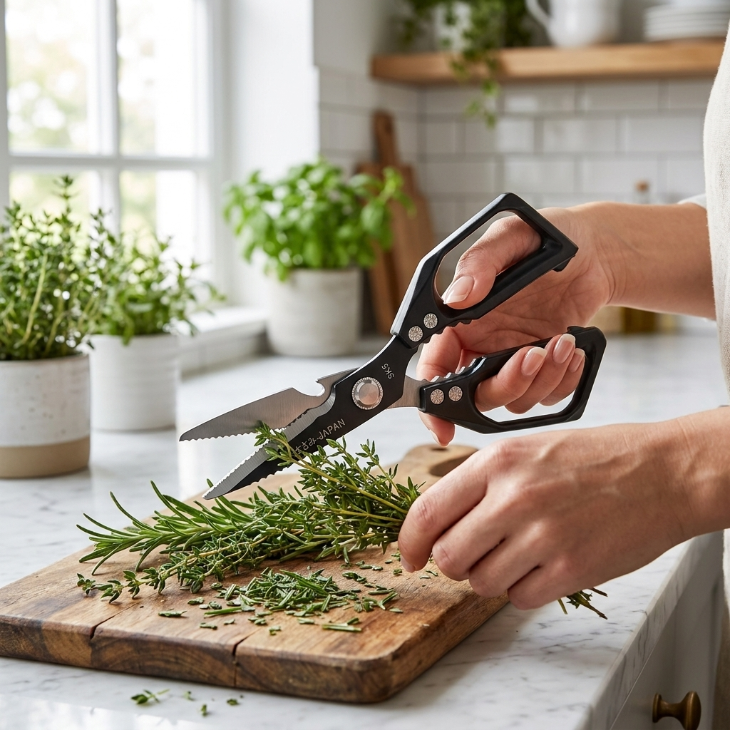 Black kitchen shears in use