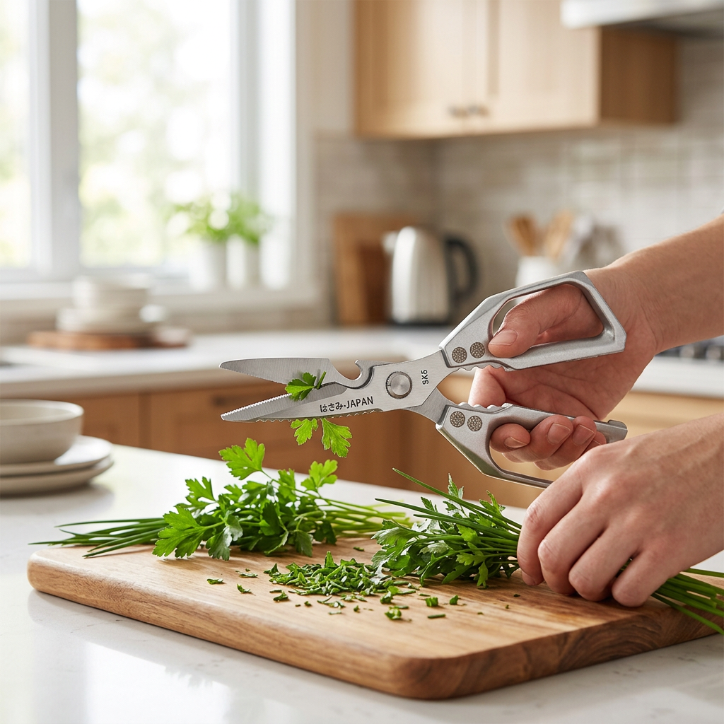 Grey kitchen shears in use