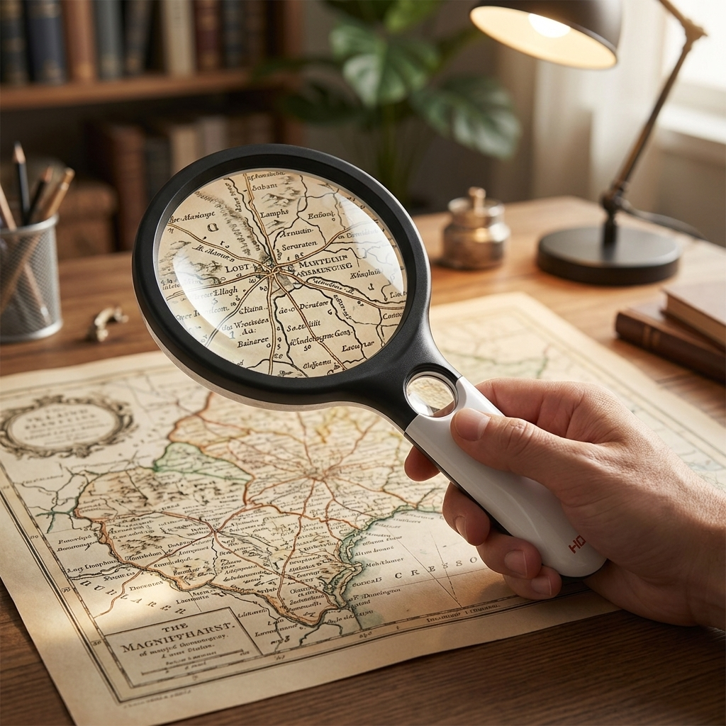 LED magnifying glass over a map