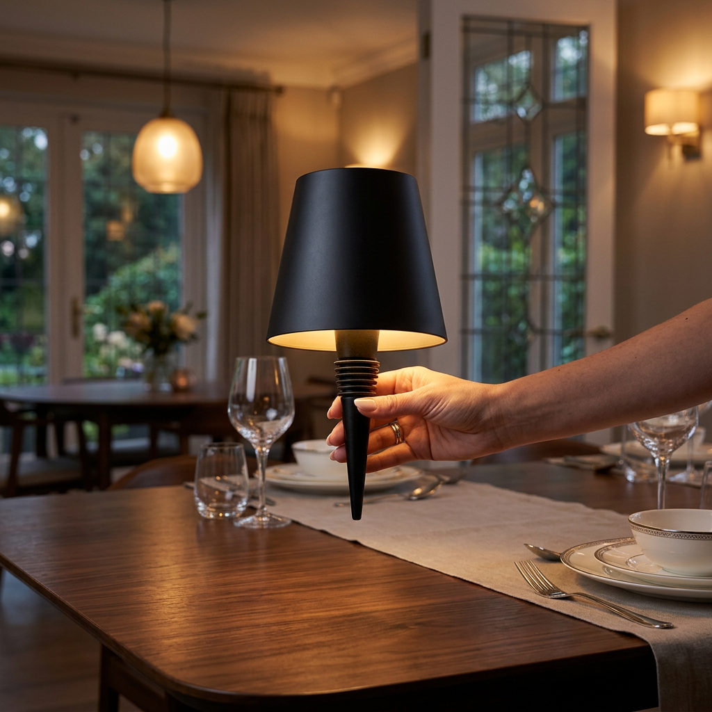 Black wireless bottle lamp in use