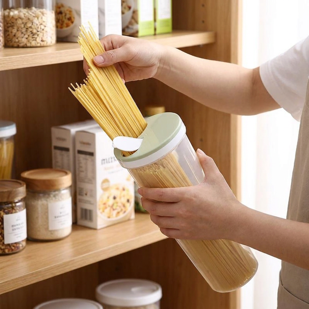 Green pasta container in use
