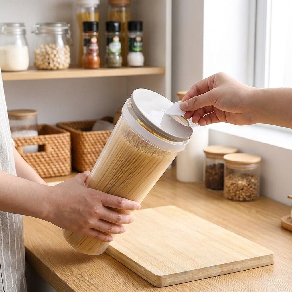 Khaki pasta container in use