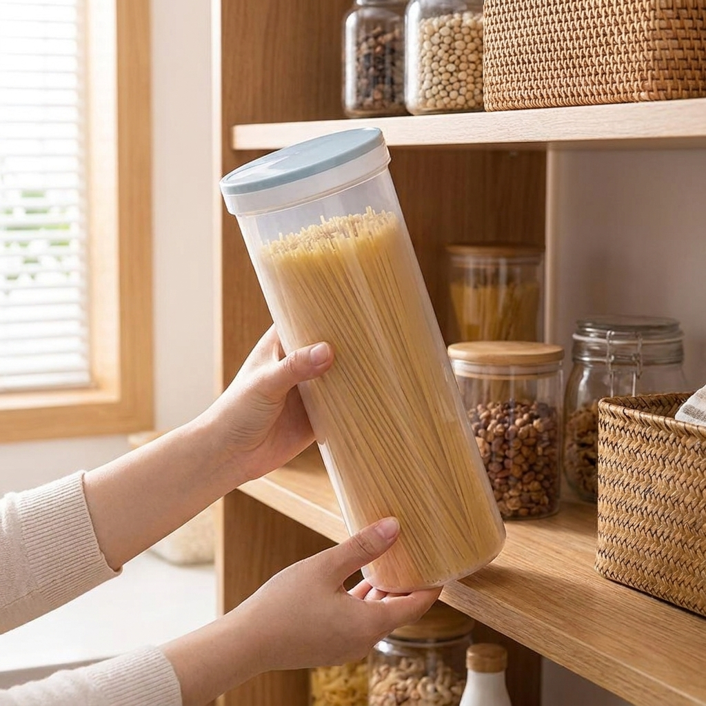 Blue pasta container in use