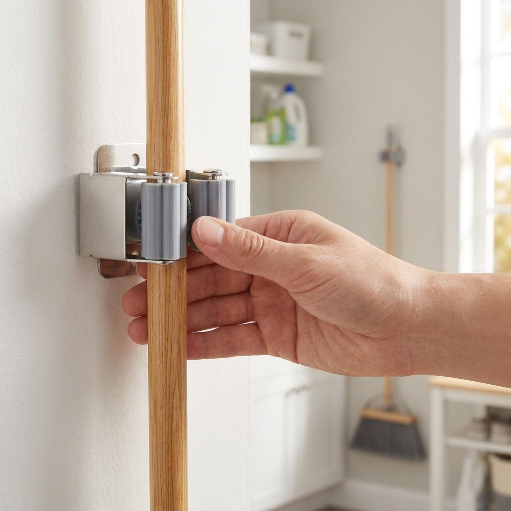 Gray broom holder clip in use