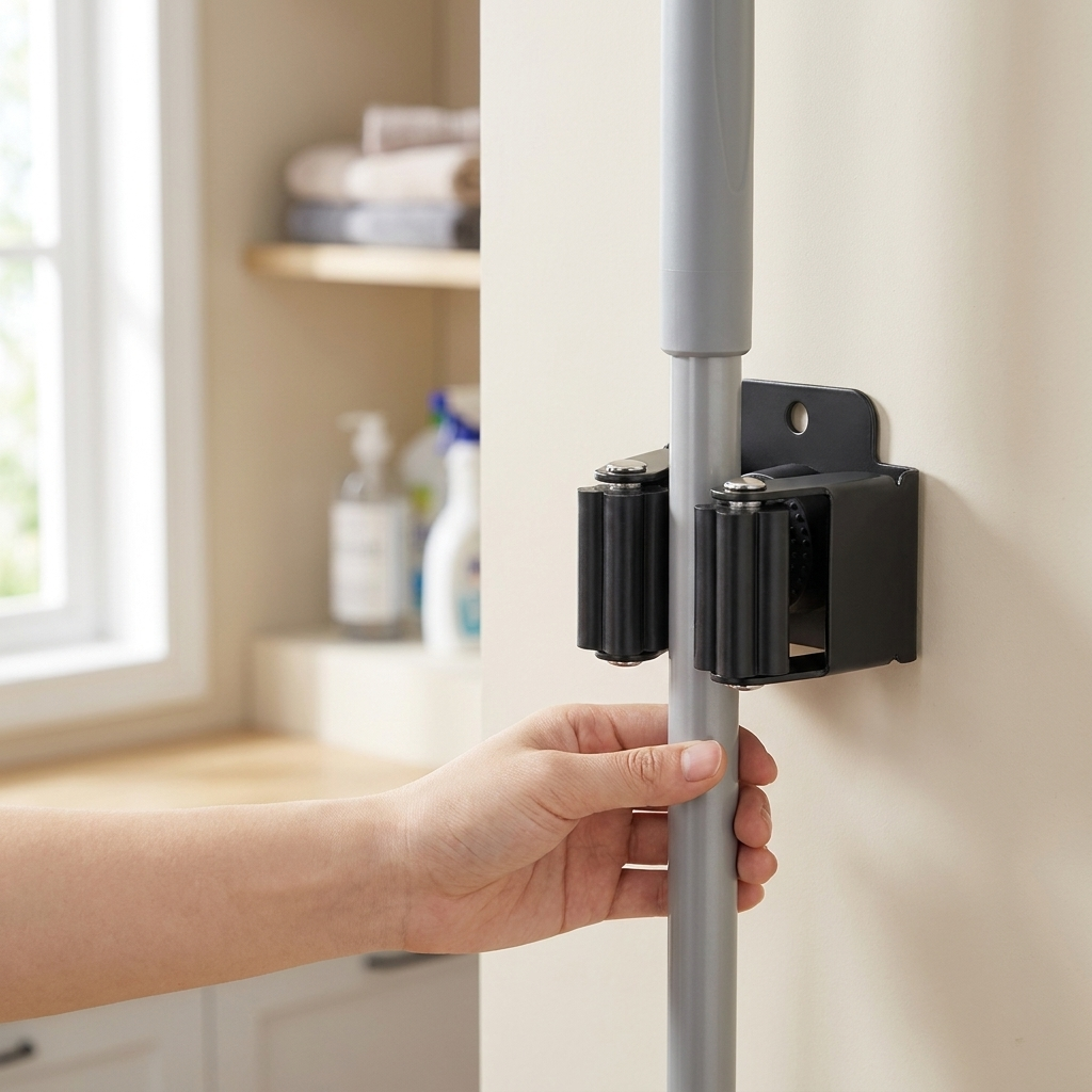 Black B broom holder clip in use