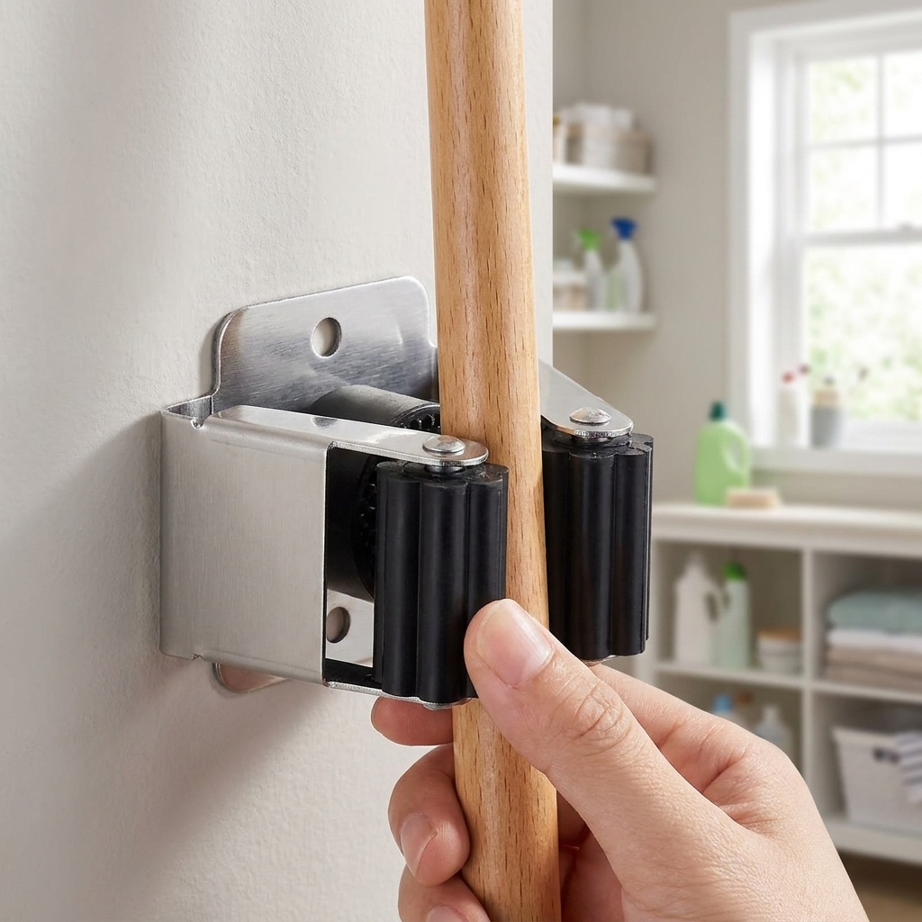 Black A broom holder clip in use