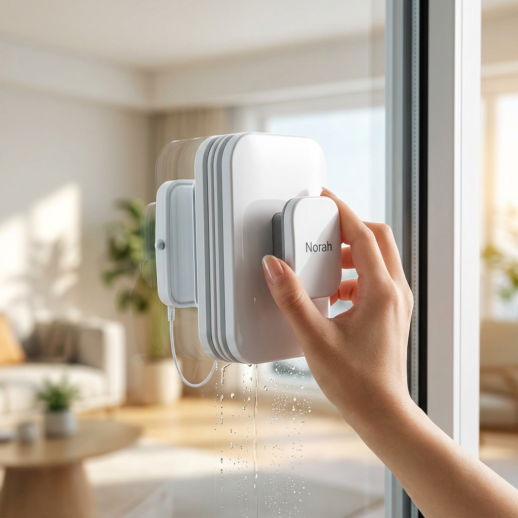 White magnetic window cleaner in use