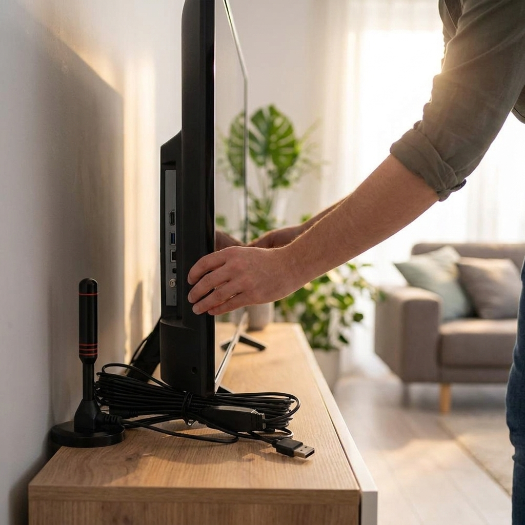 Thin HD TV antenna behind television