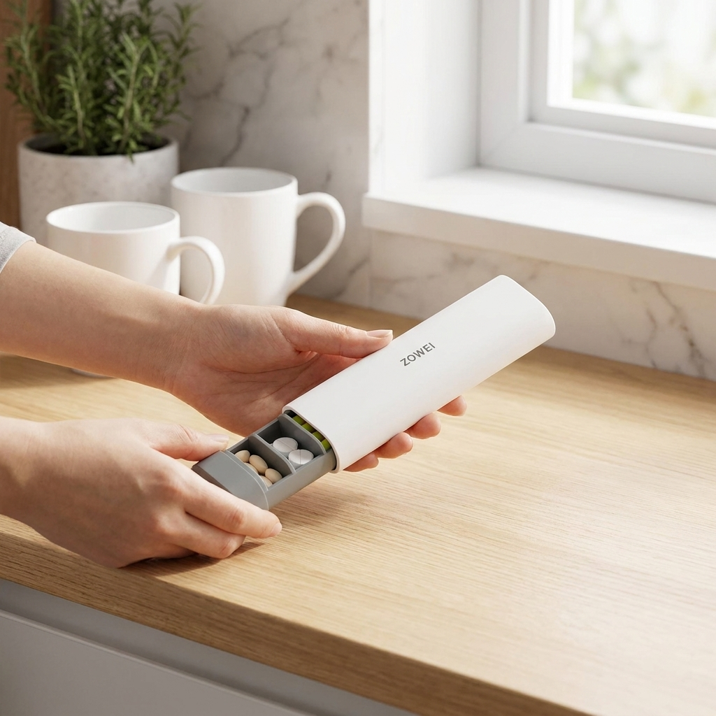 White grey weekly pill organiser in use